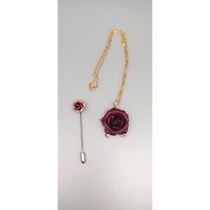 Vintage 3D Rose Necklace Pendant Lapel Stick Pin Red Gold Tone Aluminum READ